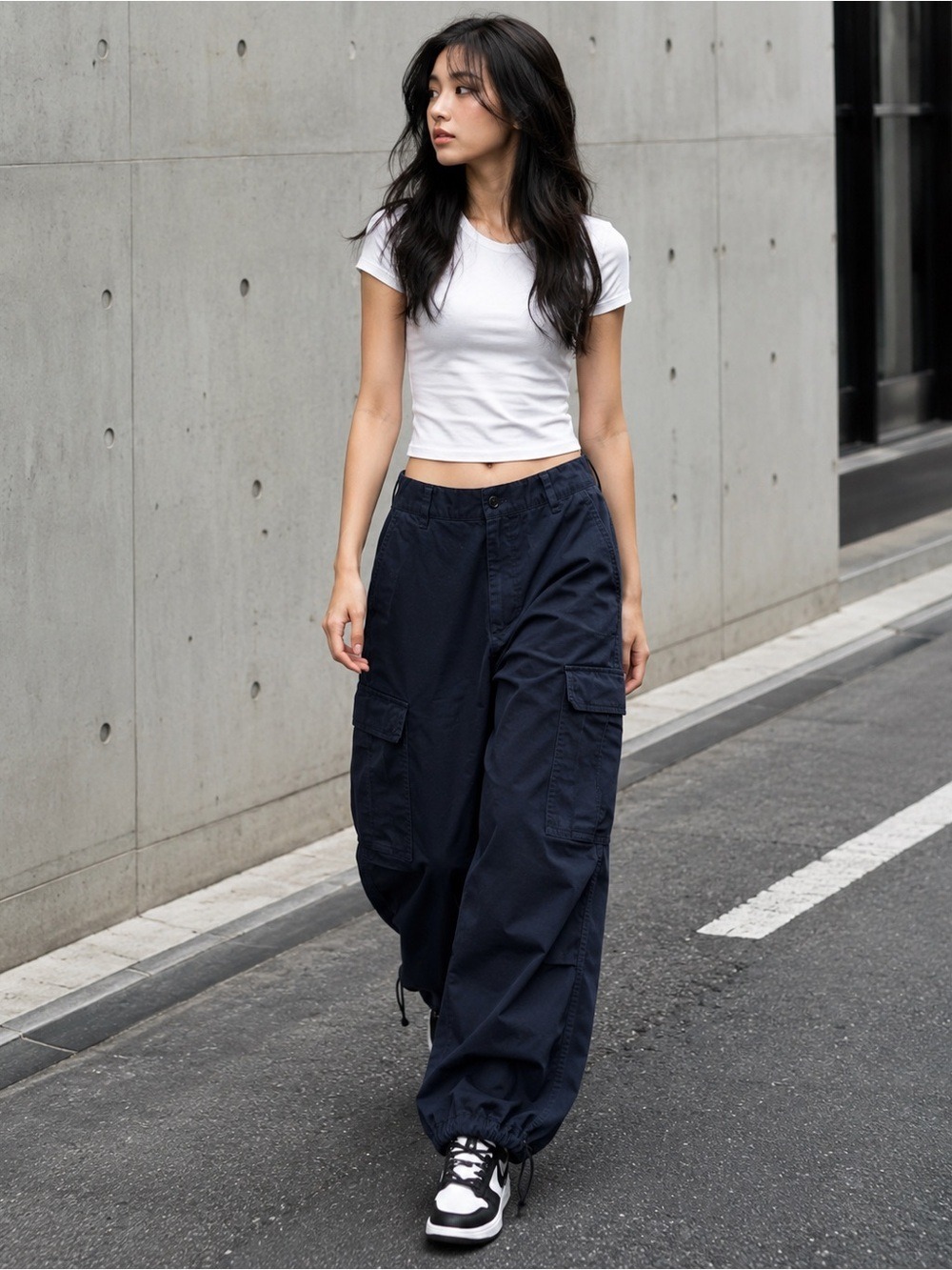 Navy Wide Leg Cargo Pants Parachute Utility Y2K Techwear XS S